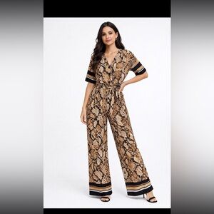 Snake Print Wide-Leg Jumpsuit - Tan/Black